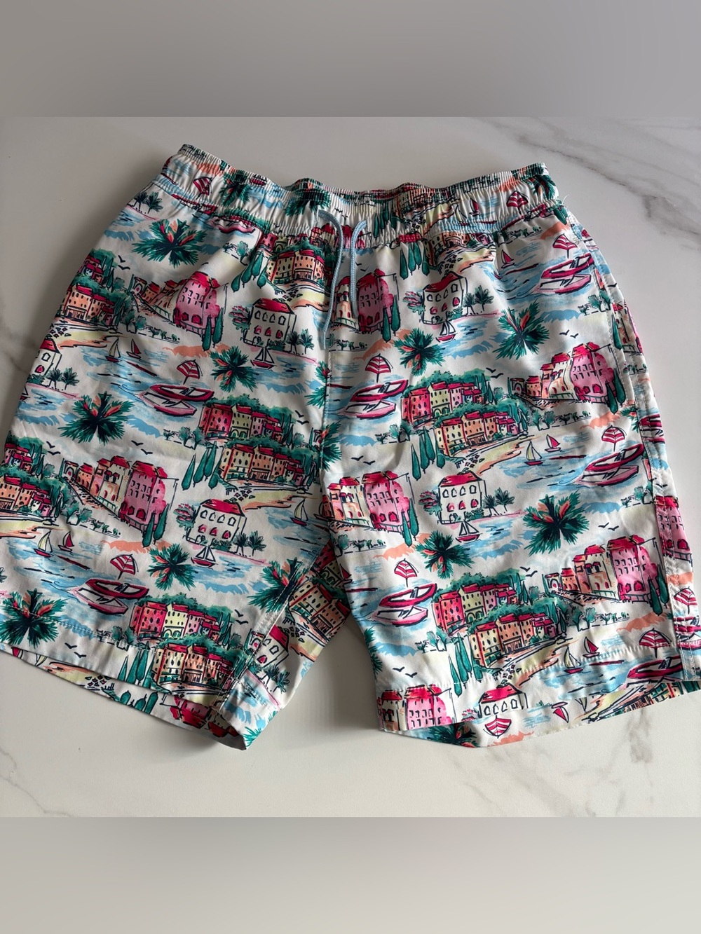 Crewcuts Teen Coastal Print Swim Trunks - White, Pink, Teal Sz 16